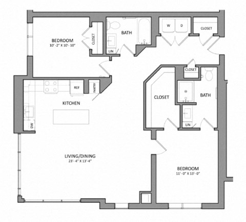 Floor plan for 2 beds, 2 baths, 1155 sqft